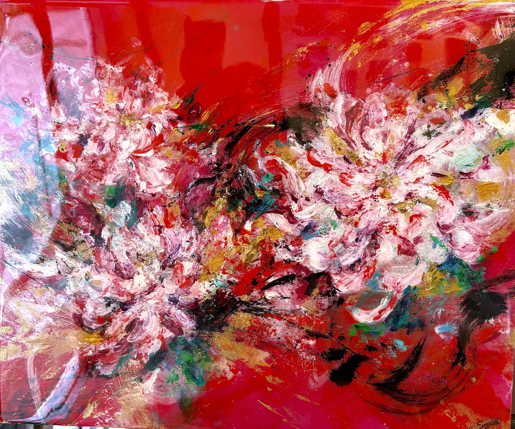 “Chrysanthemum (Red)” by Saya — Mixed media on canvas, 2026