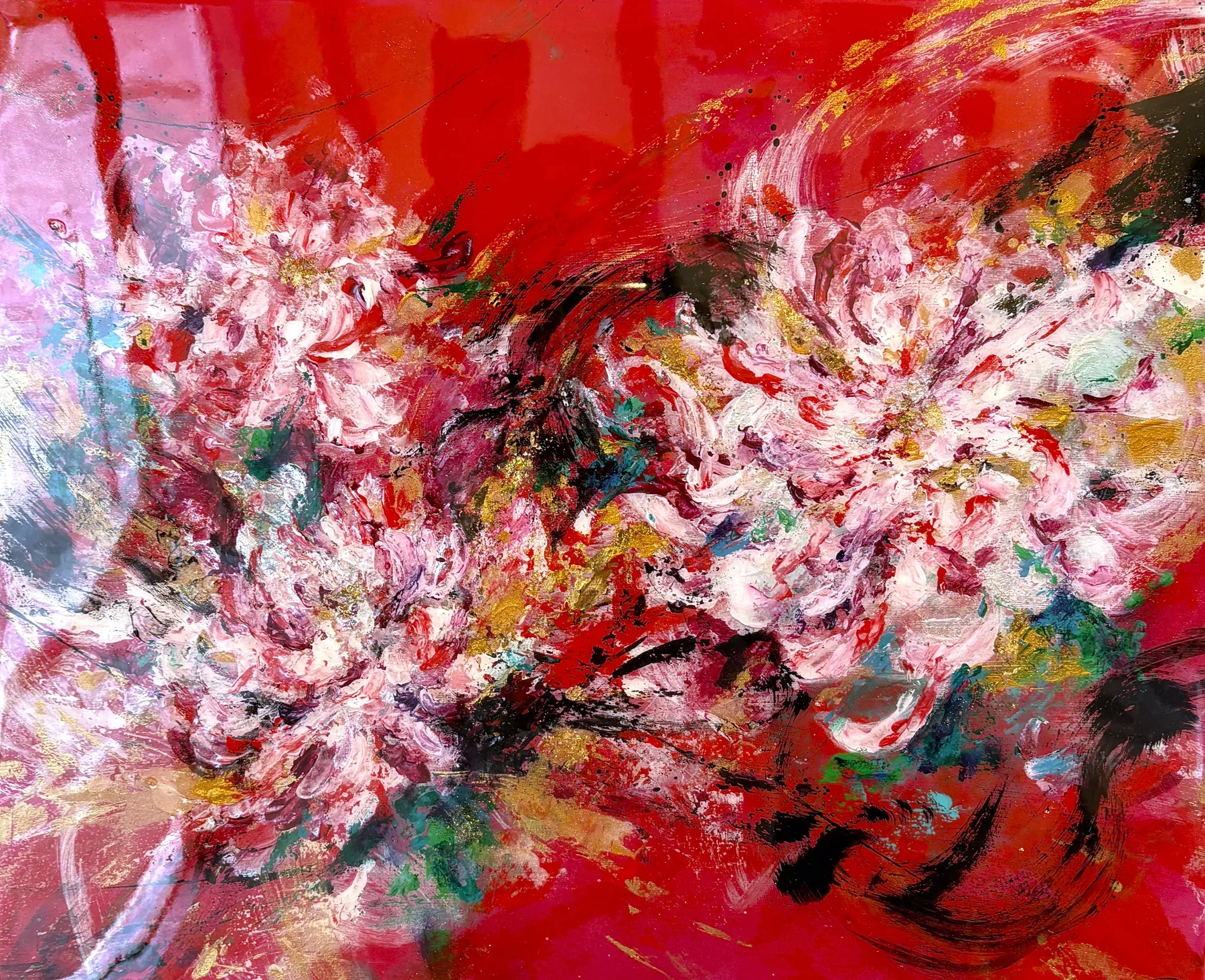 “Chrysanthemum (Red)” by Saya — Mixed media on canvas, 2026