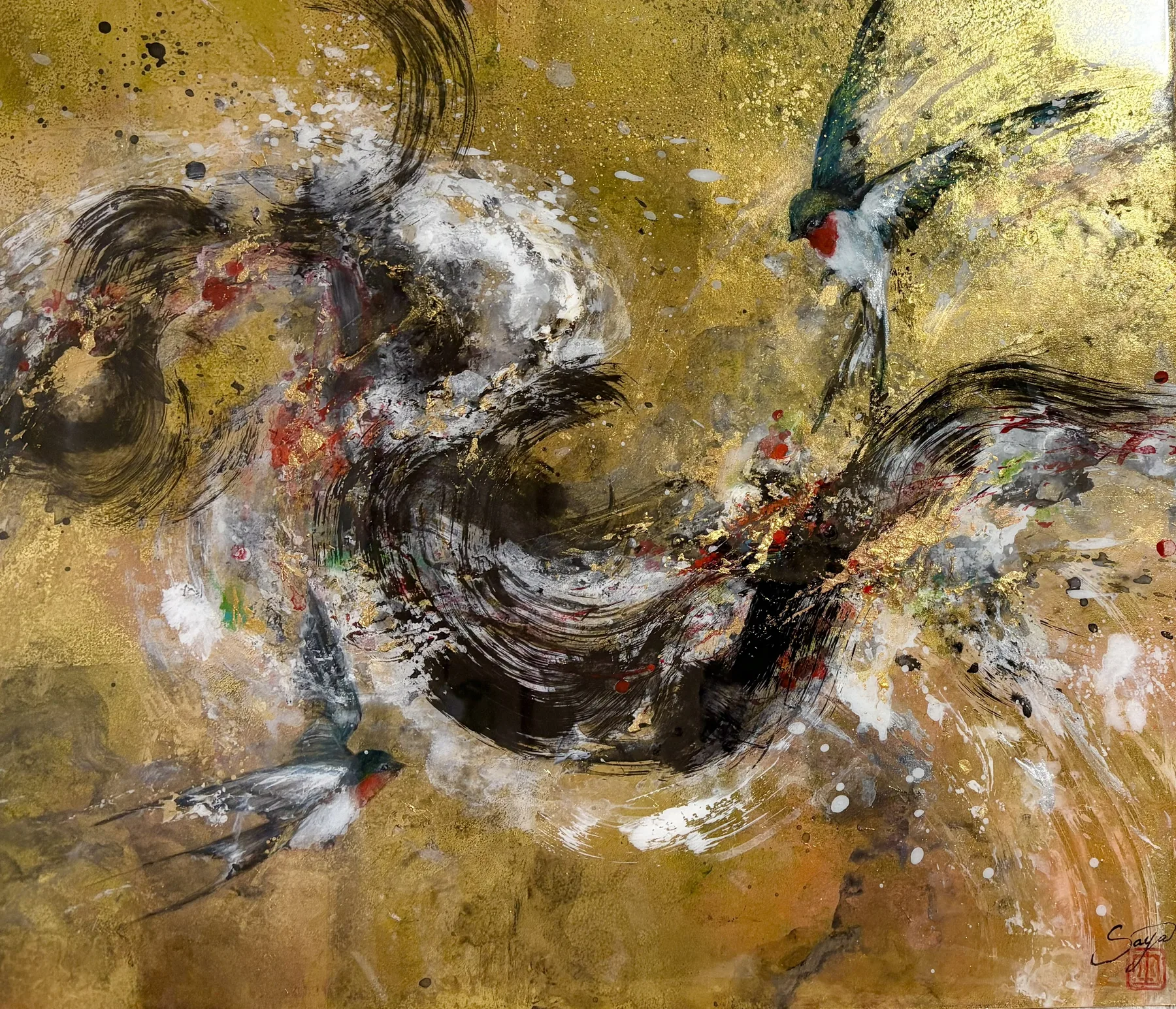 “Swallows” by Saya — Mixed media, gold ground, 2026