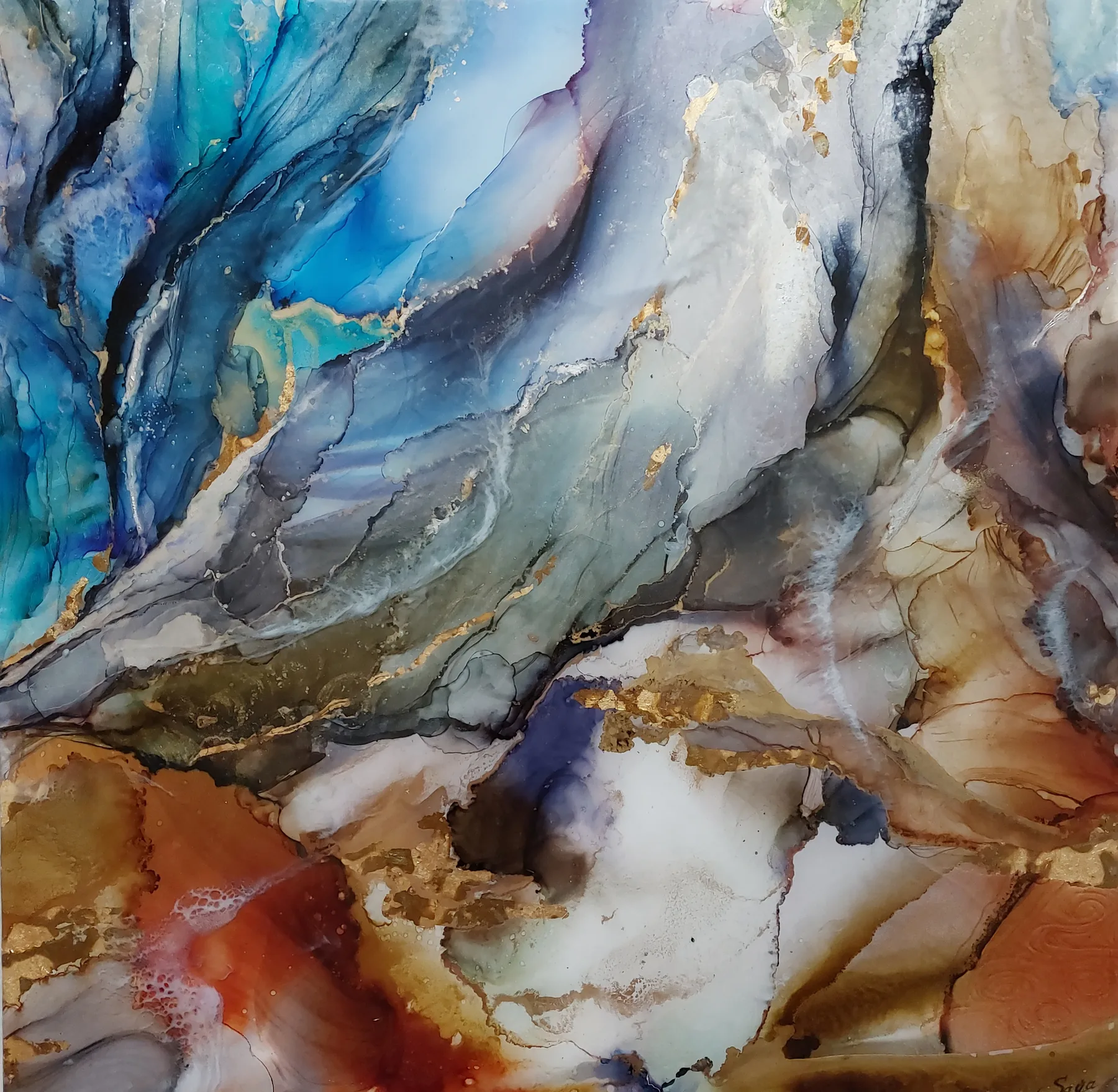 “Dragon II” by Saya — Alcohol ink, acrylic, resin (with luminescent paint), 2023