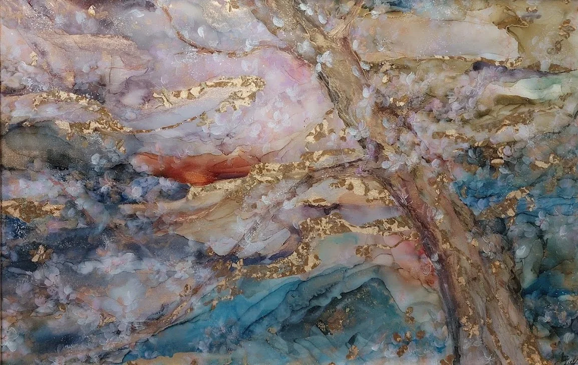 “Hana yo Hana Nare” by Saya — Ink, acrylic, resin, washi, karakami and metal leaf, 2023