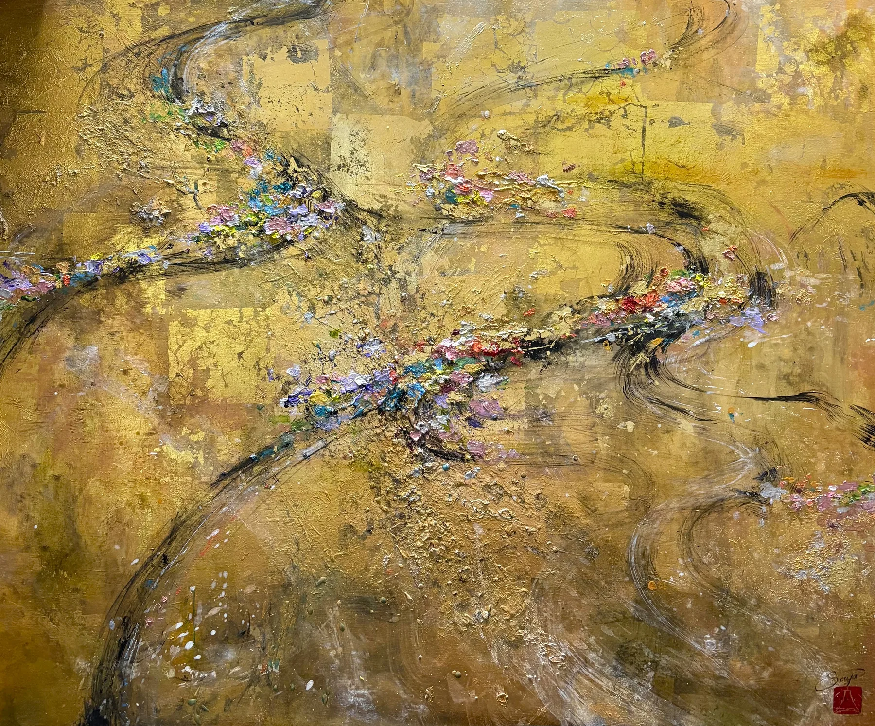 “Legacy 2026 (Amoy)” by Saya — Acrylic, crystal powder, meteorite chips and leaf on board, 2026