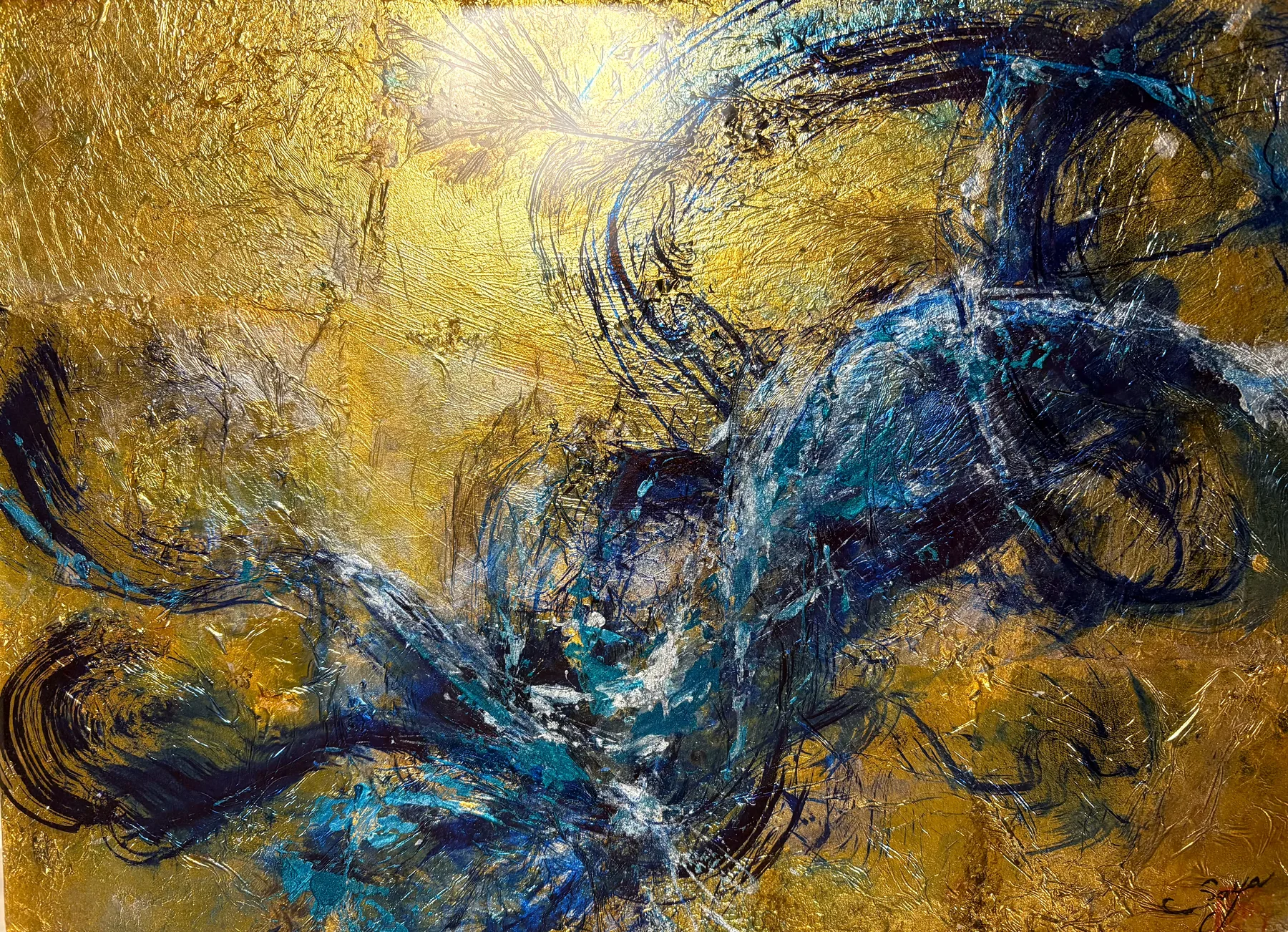 “Mamori” by Saya — Ink, gold leaf, acrylic, resin, 2025