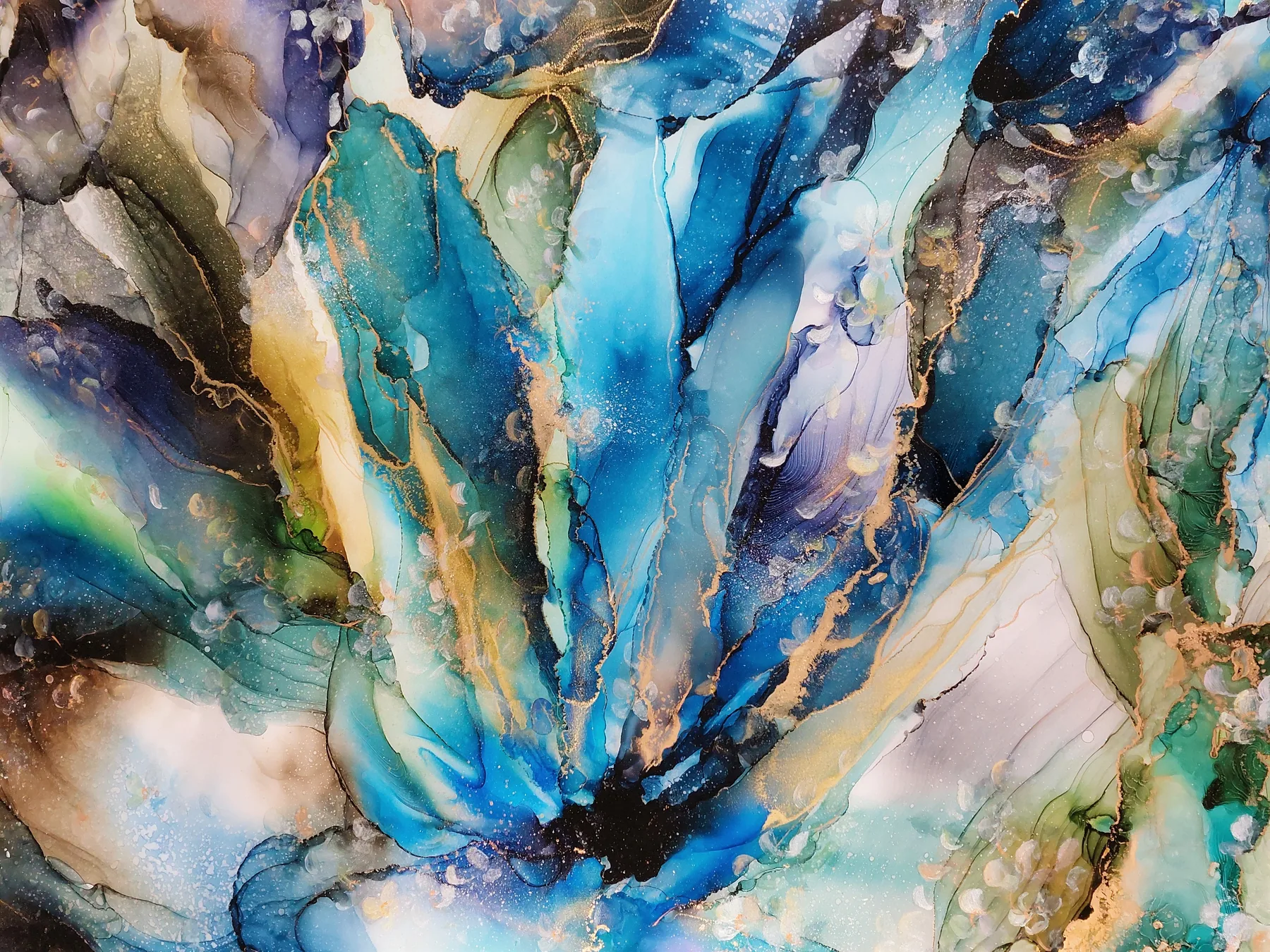 “Mizuzakura” by Saya — Alcohol ink on Yupo paper, acrylic, resin, wood panel, 2022