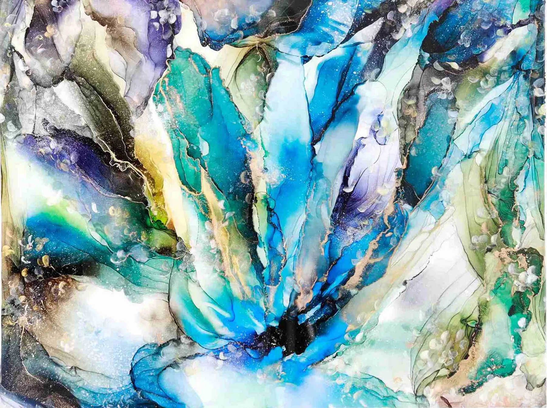 Saya 作品「Mizu Sakura」— アルコールインク・ユポ紙・アクリル・レジン・木製パネル・2022