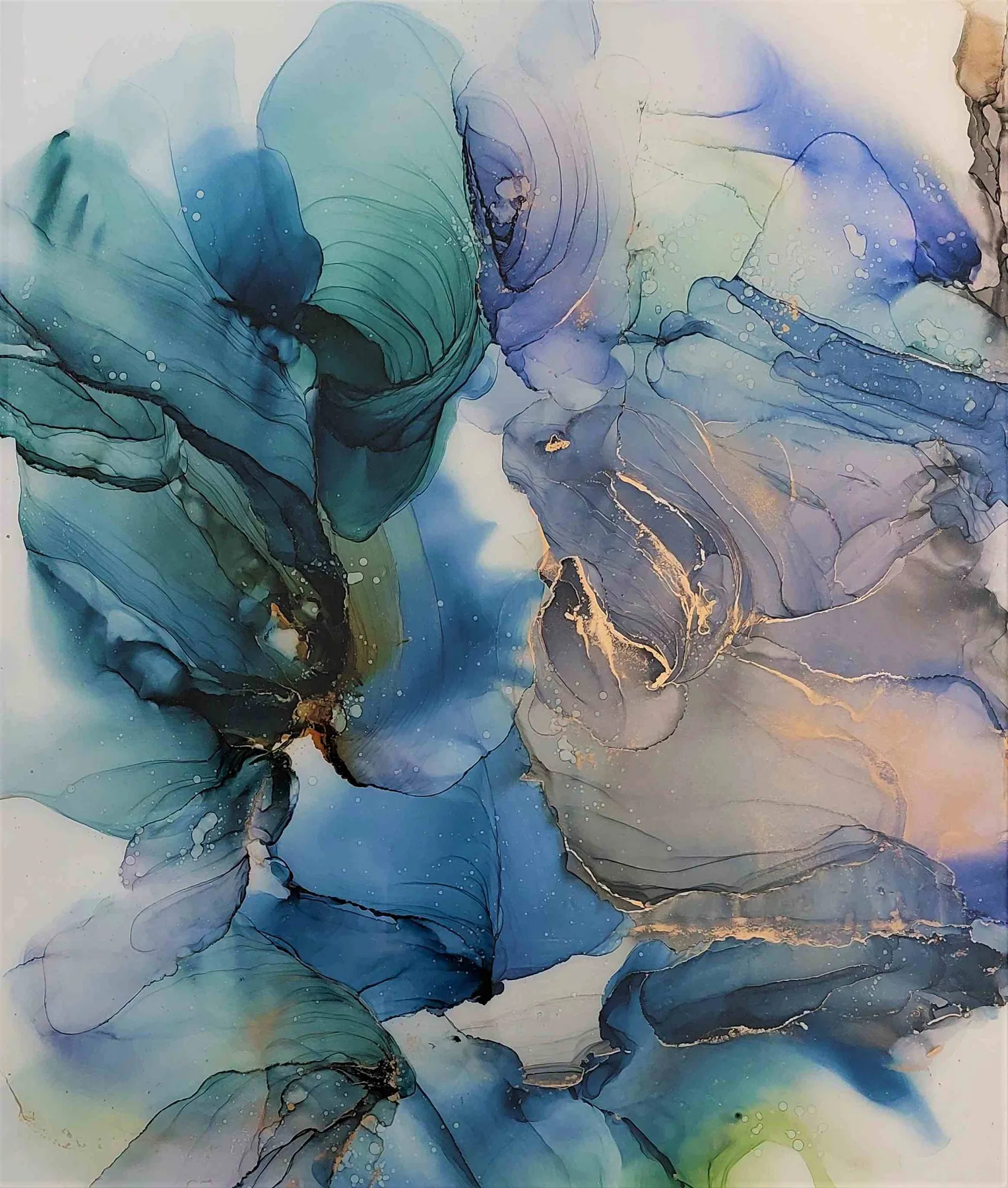 Saya 作品「The Beginning」— アルコールインク・ユポ紙・レジン・木製パネル・2022