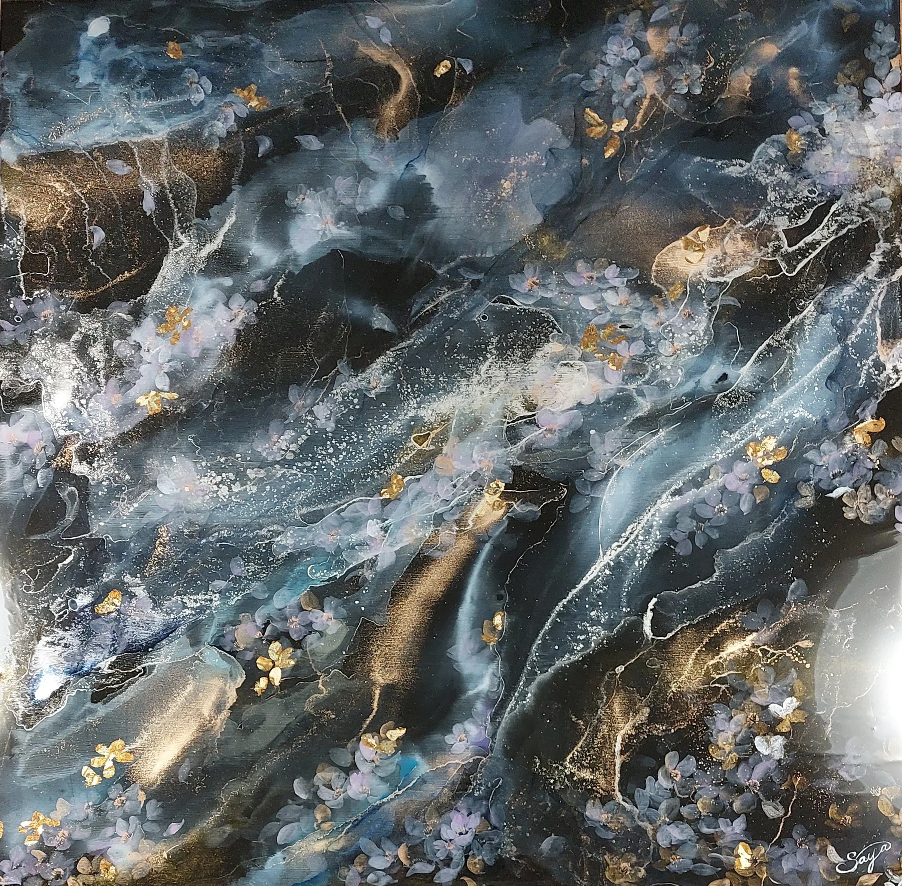 Saya 作品「波蝕」— アルコールインク・アクリル・金・パネル