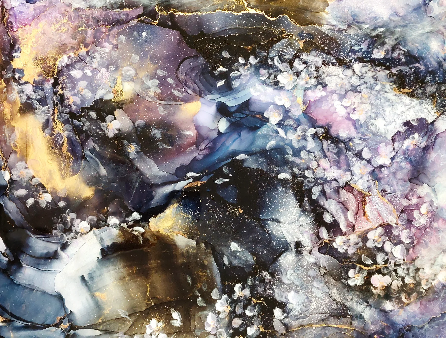 “Yozakura” by Saya — Alcohol ink on Yupo paper, acrylic, resin, wood panel, 2022