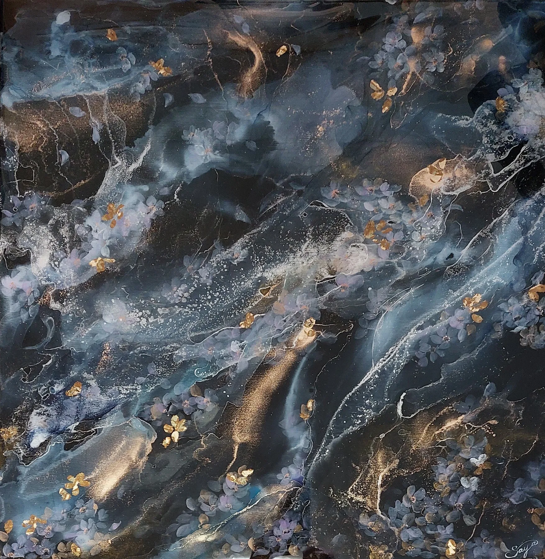 Saya 作品「夜桜」— アルコールインク・アクリル・レジン・木製パネル